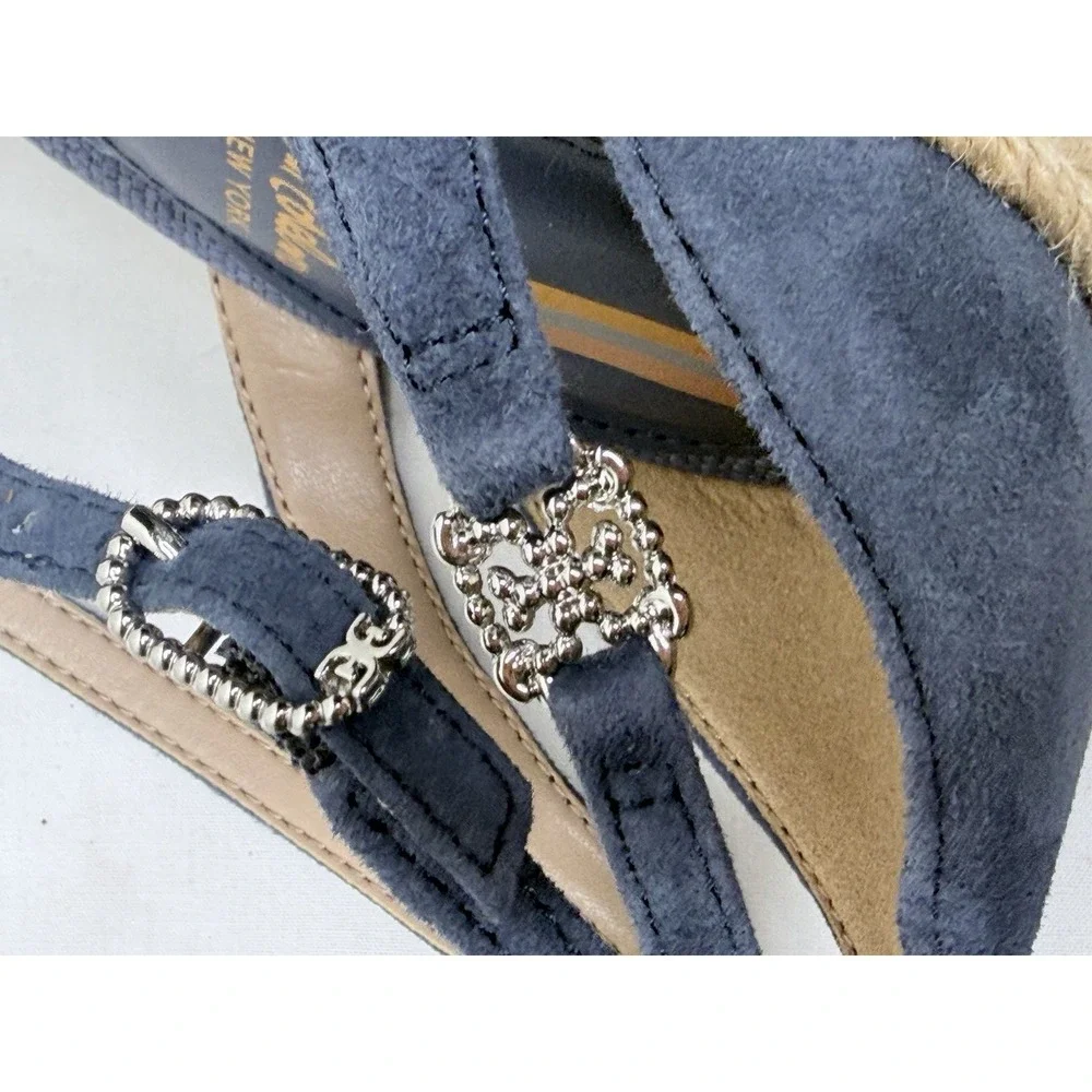 Sam Edelman Espadrille Wedge Sandals Womens Size 7.5 Blue Suede Ankle Strappy